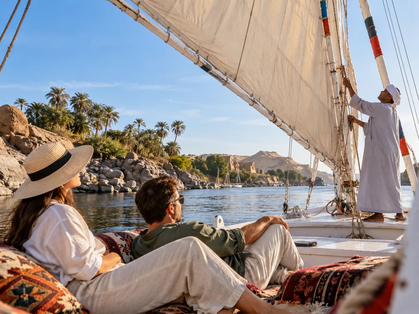 Relaxing on cushions aboard a felucca as the boatman adjusts the sail