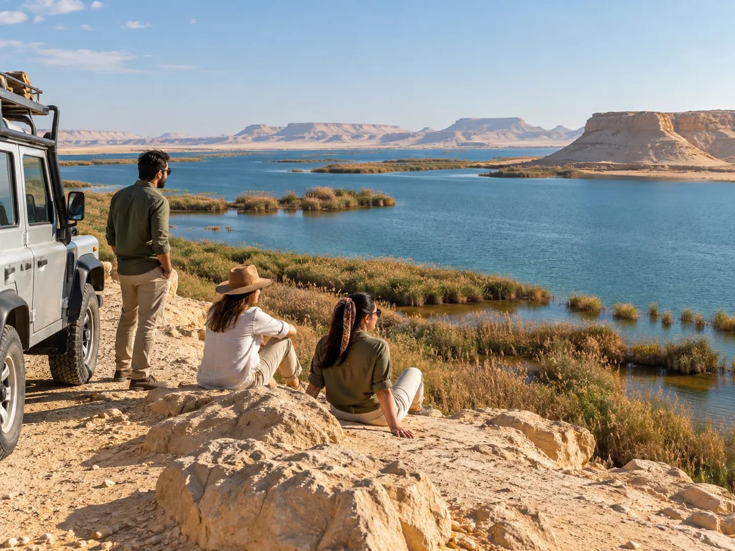 Looking out over a Fayoum lake from the desert road, the 4×4 parked behind