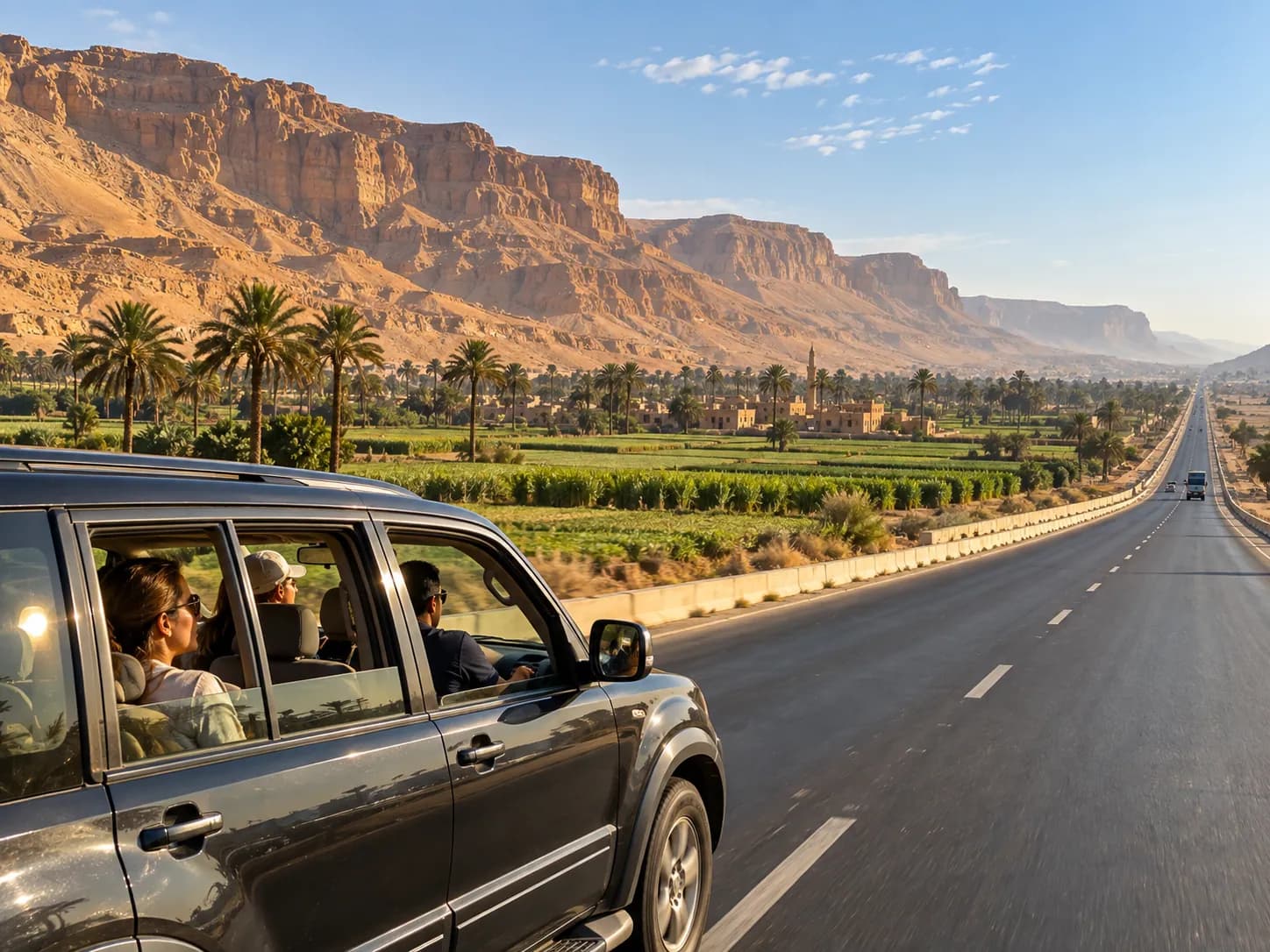 Driving south between the cliffs and green fields of Middle Egypt