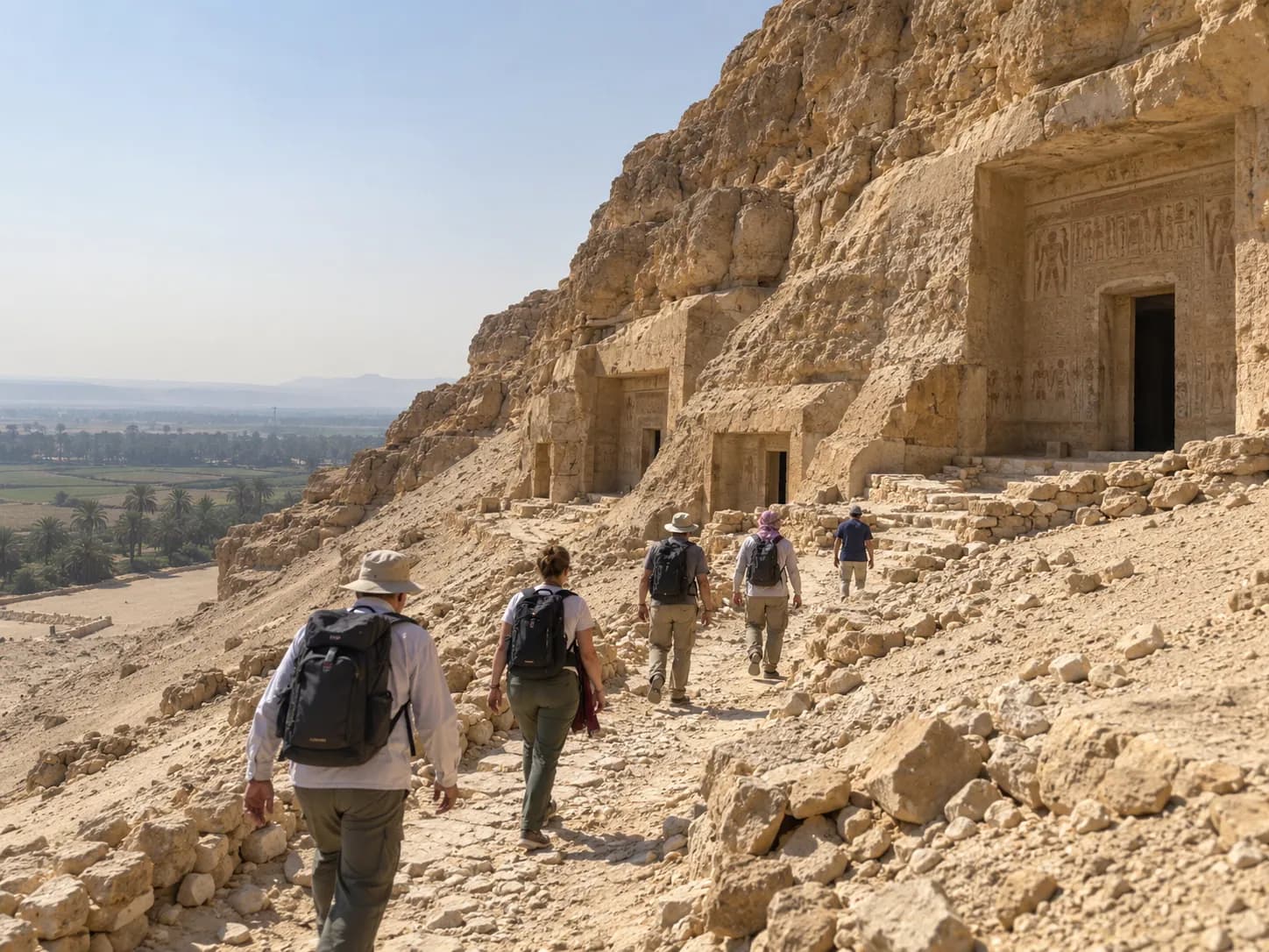 Walking up to the rock-cut tombs of Beni Hasan