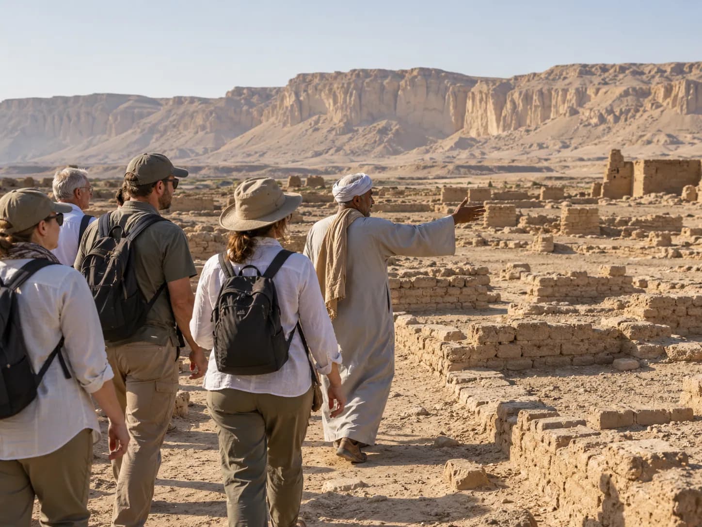 A guide leading the group through ancient ruins in Middle Egypt