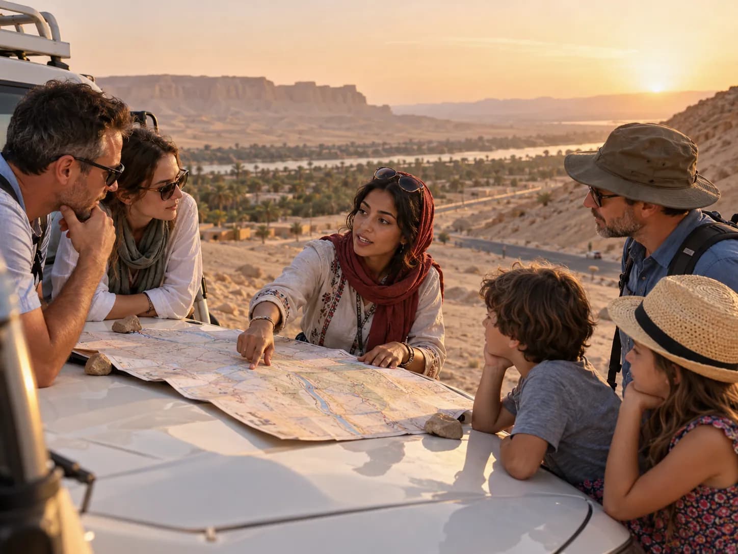 Planning the route on a map spread over the car bonnet