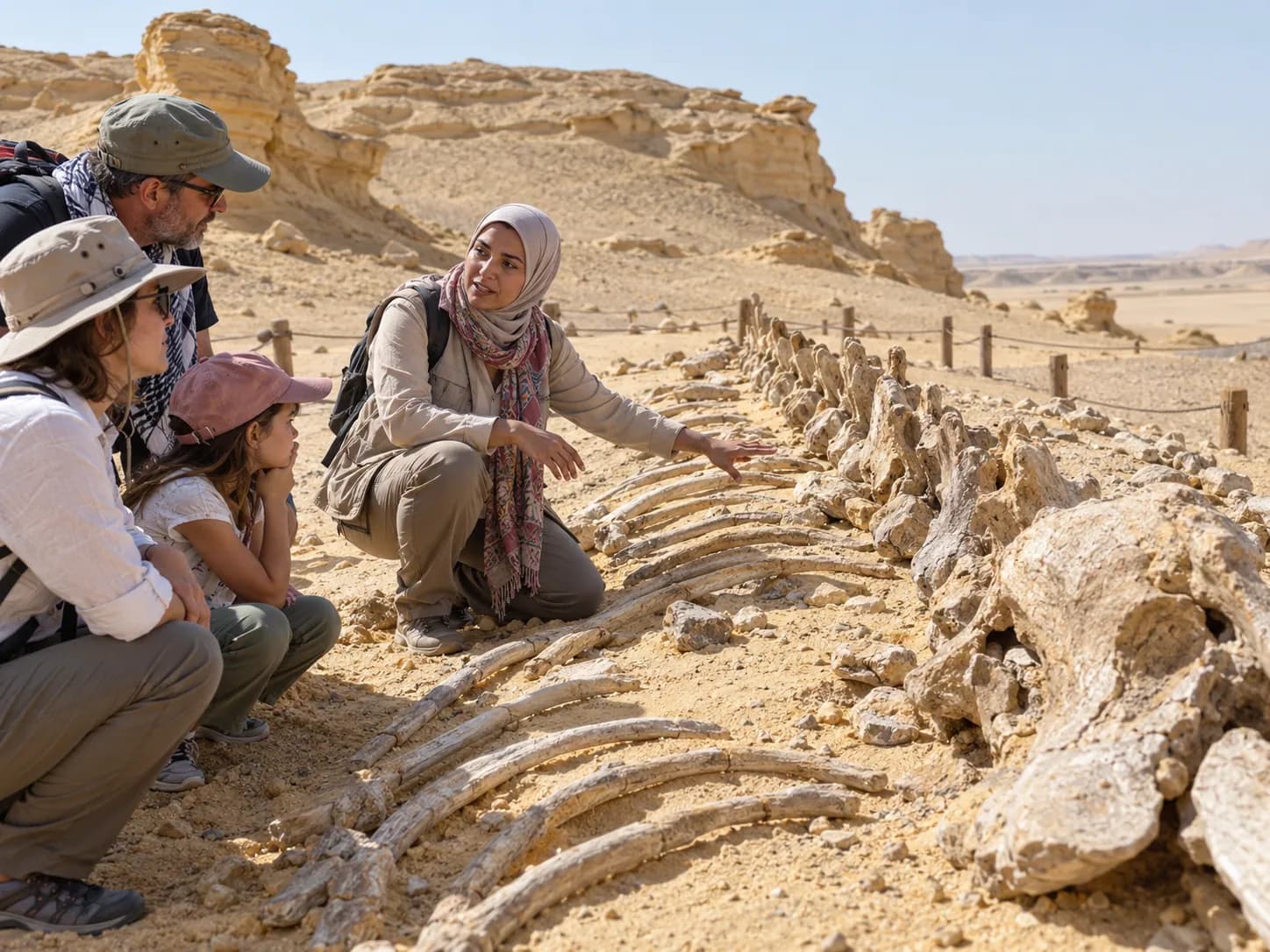 Looking at fossil whale bones in the Fayoum desert