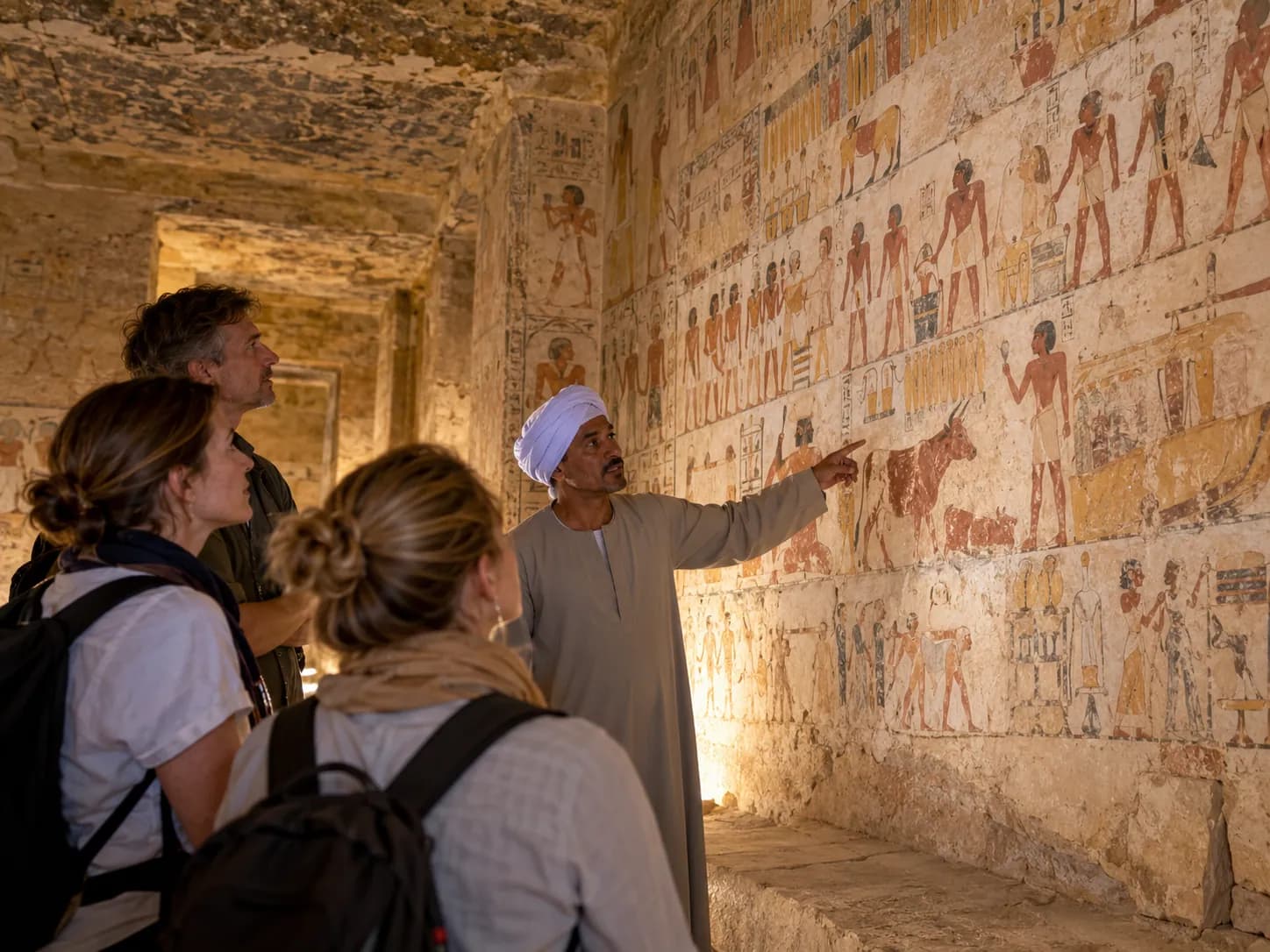 A guide showing painted reliefs inside an ancient tomb