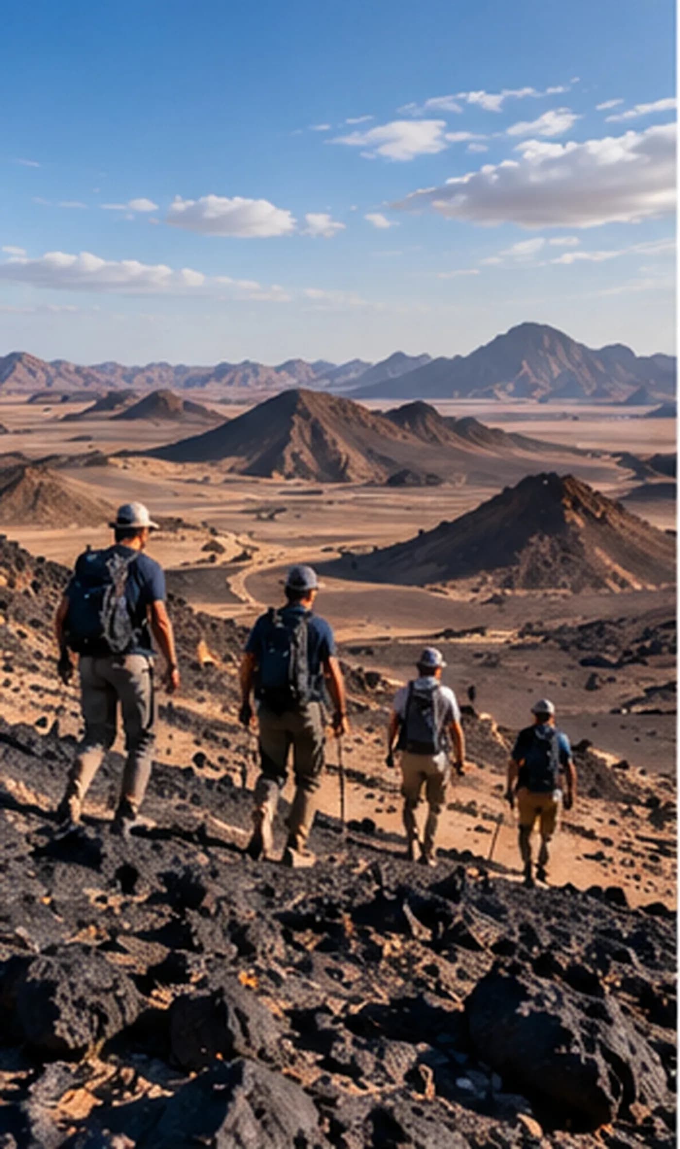 Hikers crossing the dark volcanic hills of the Black Desert