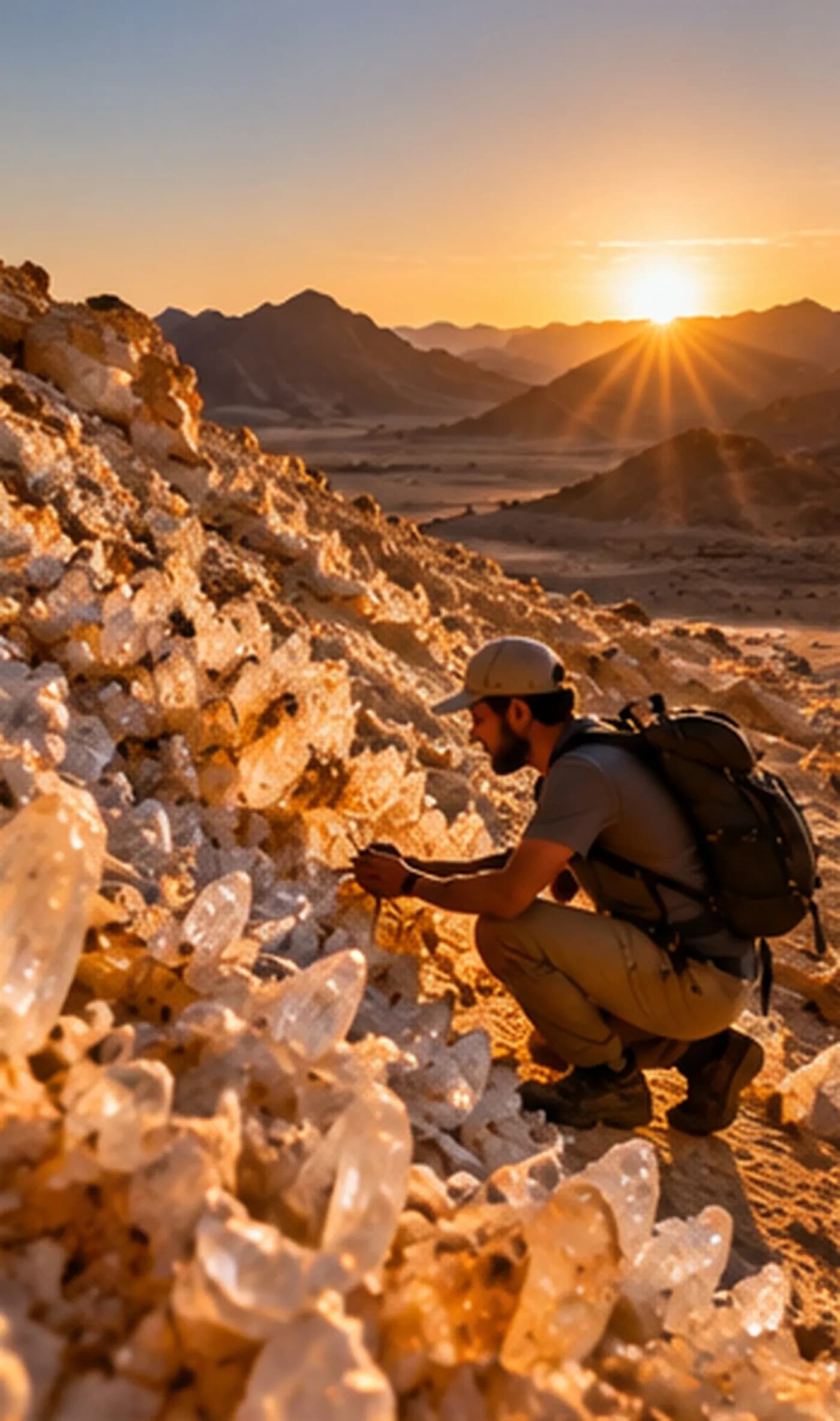 A traveller looking at quartz crystals on Crystal Mountain at sunset