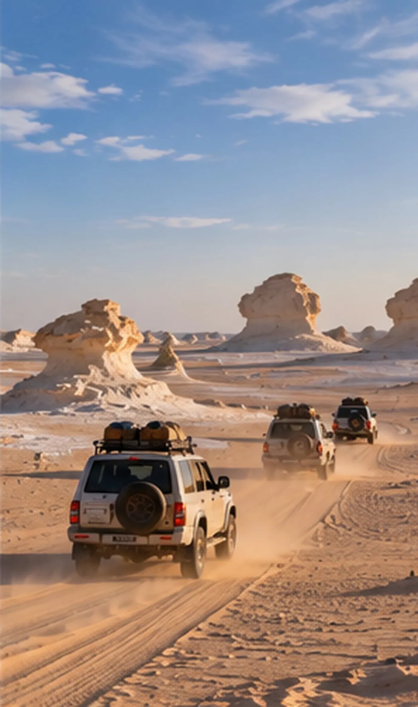4×4s driving between chalk formations on a sandy White Desert track
