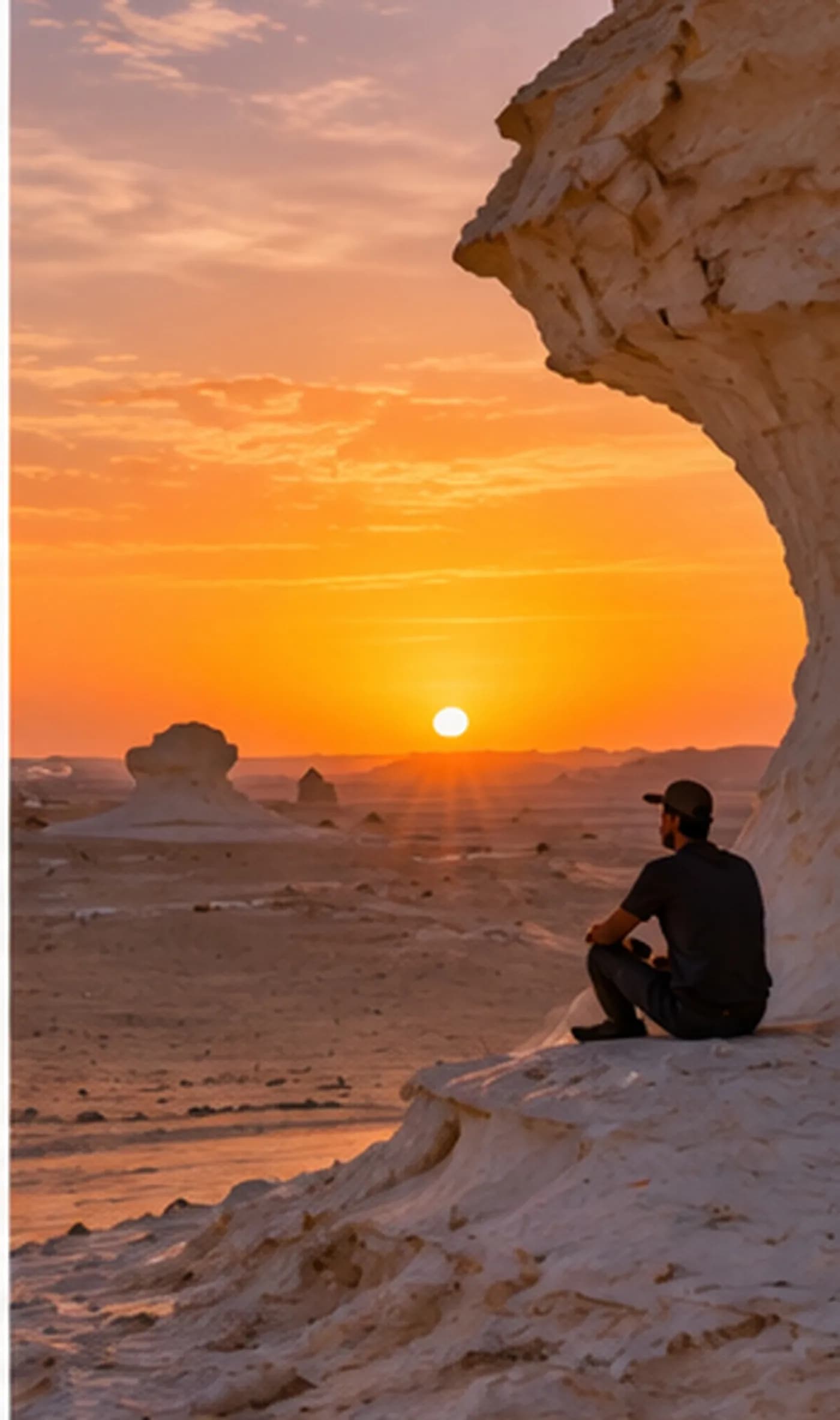 Watching the sun set from a chalk formation in the White Desert