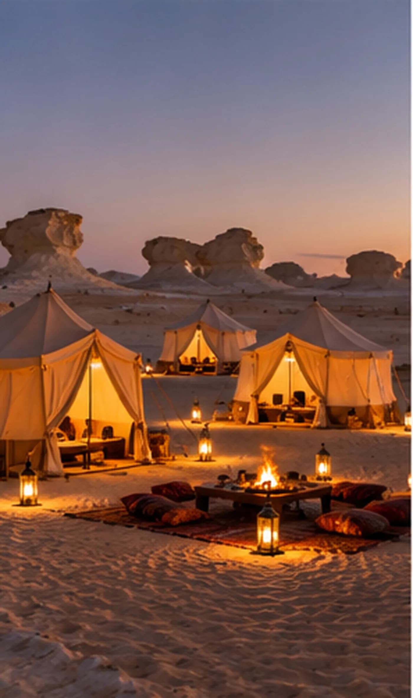 Lantern-lit tents at the White Desert camp at dusk