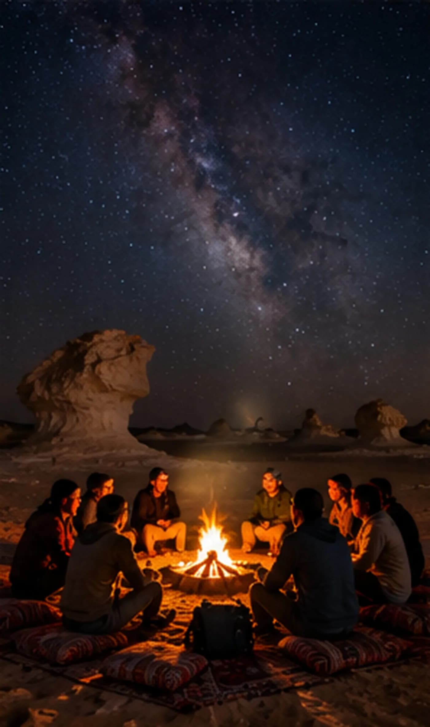A campfire under the Milky Way among the chalk rocks
