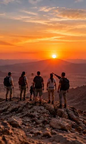Hikers watching the sunset from a summit in the Eastern Desert