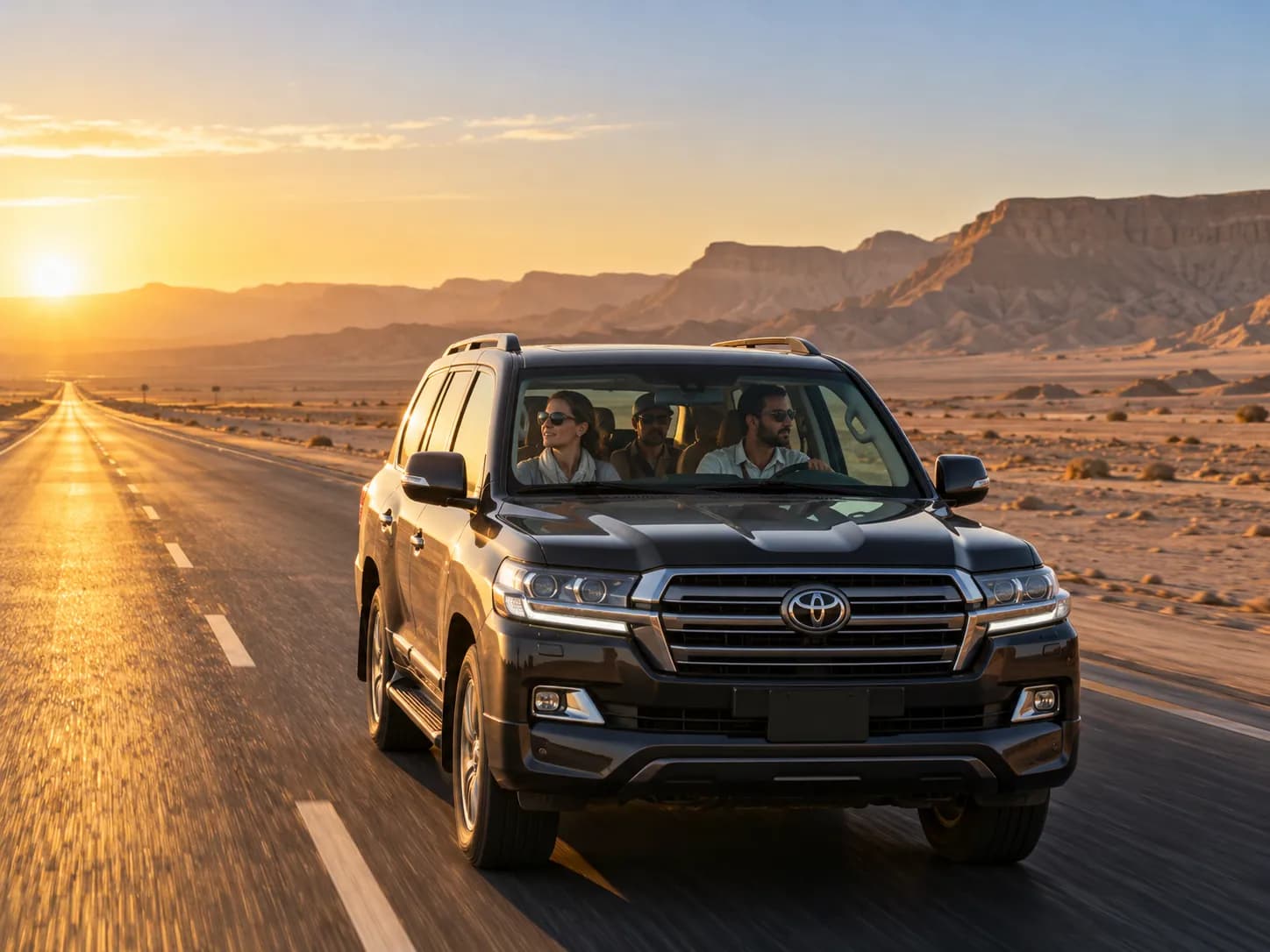 The 4×4 on the road from Cairo to Bahariya at sunrise