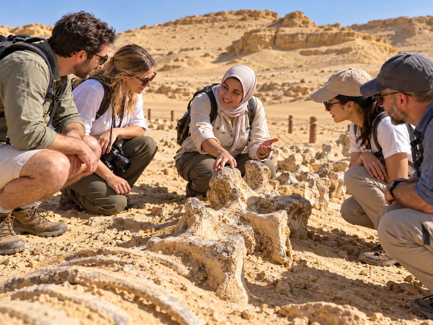 A family looking at fossil whale bones in Wadi Hitan
