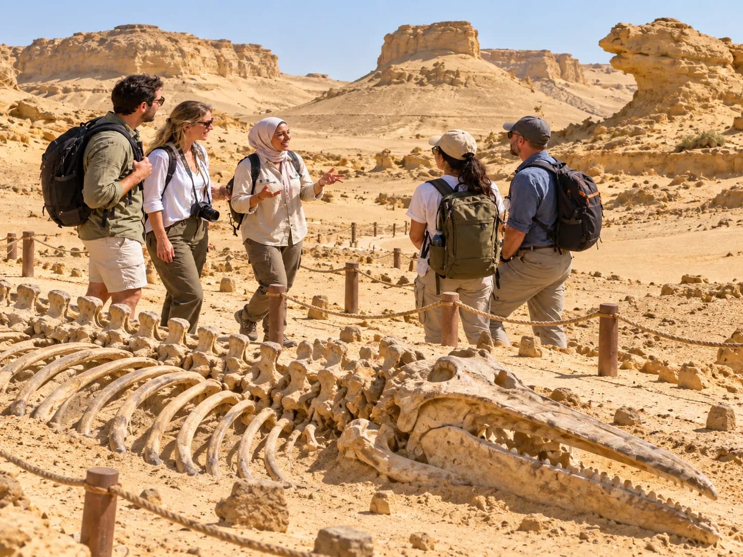 Walking the marked trail past a whale skeleton at Wadi Hitan
