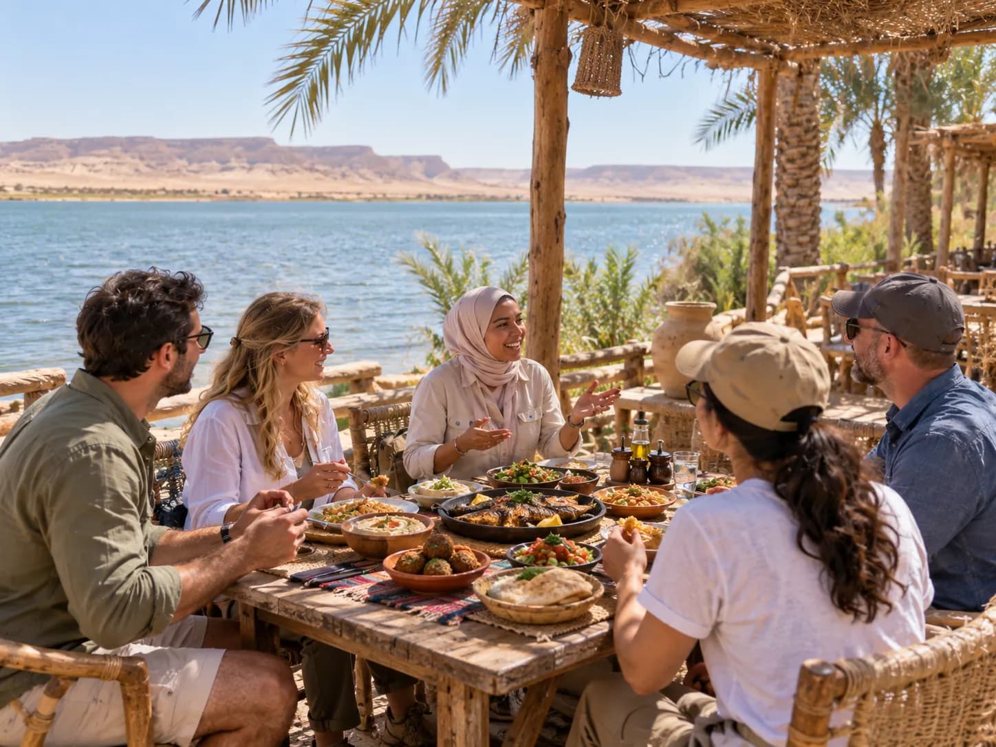 Lunch at a shaded table by Lake Qarun