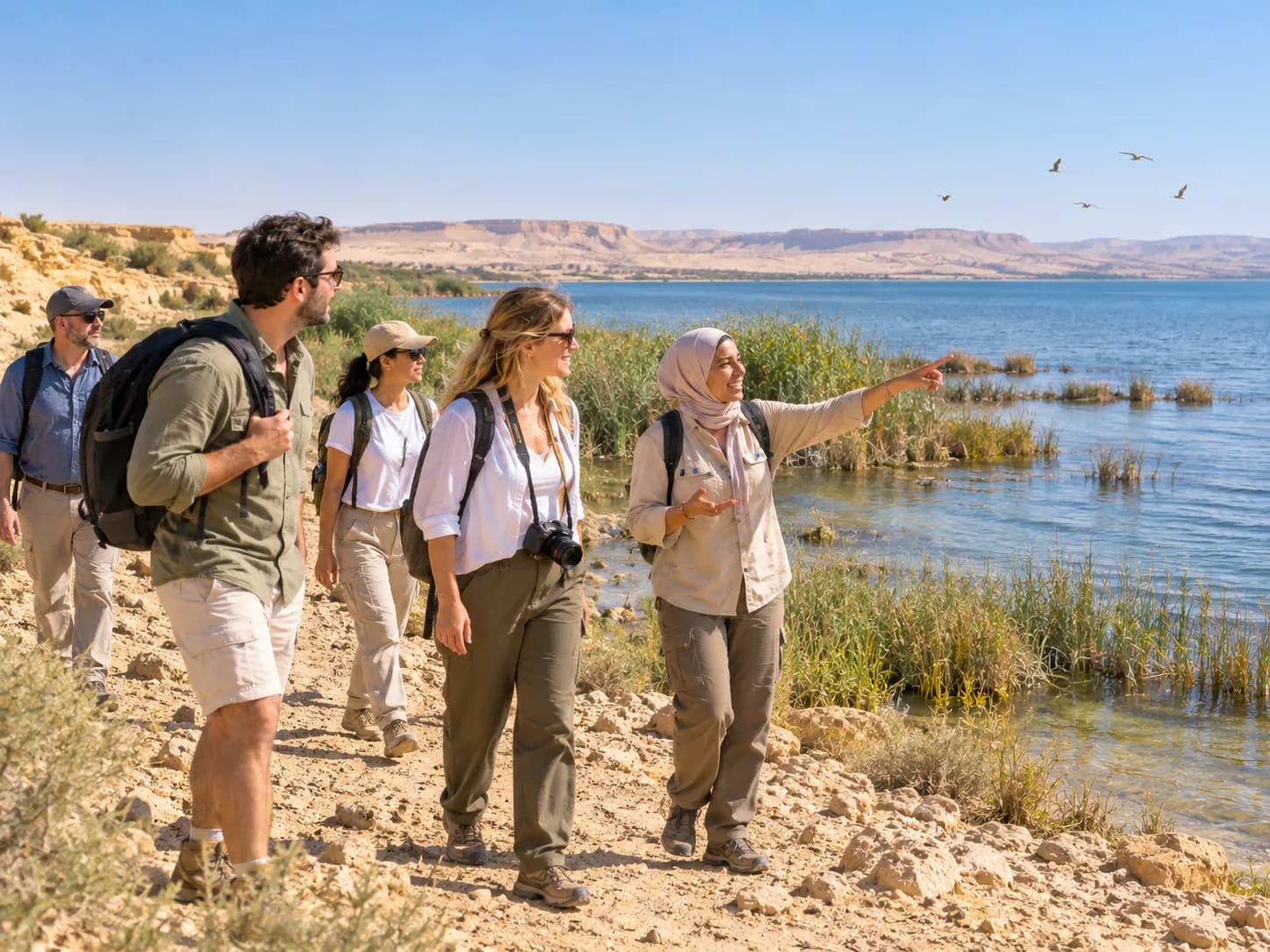 Walking along the shore of Lake Qarun