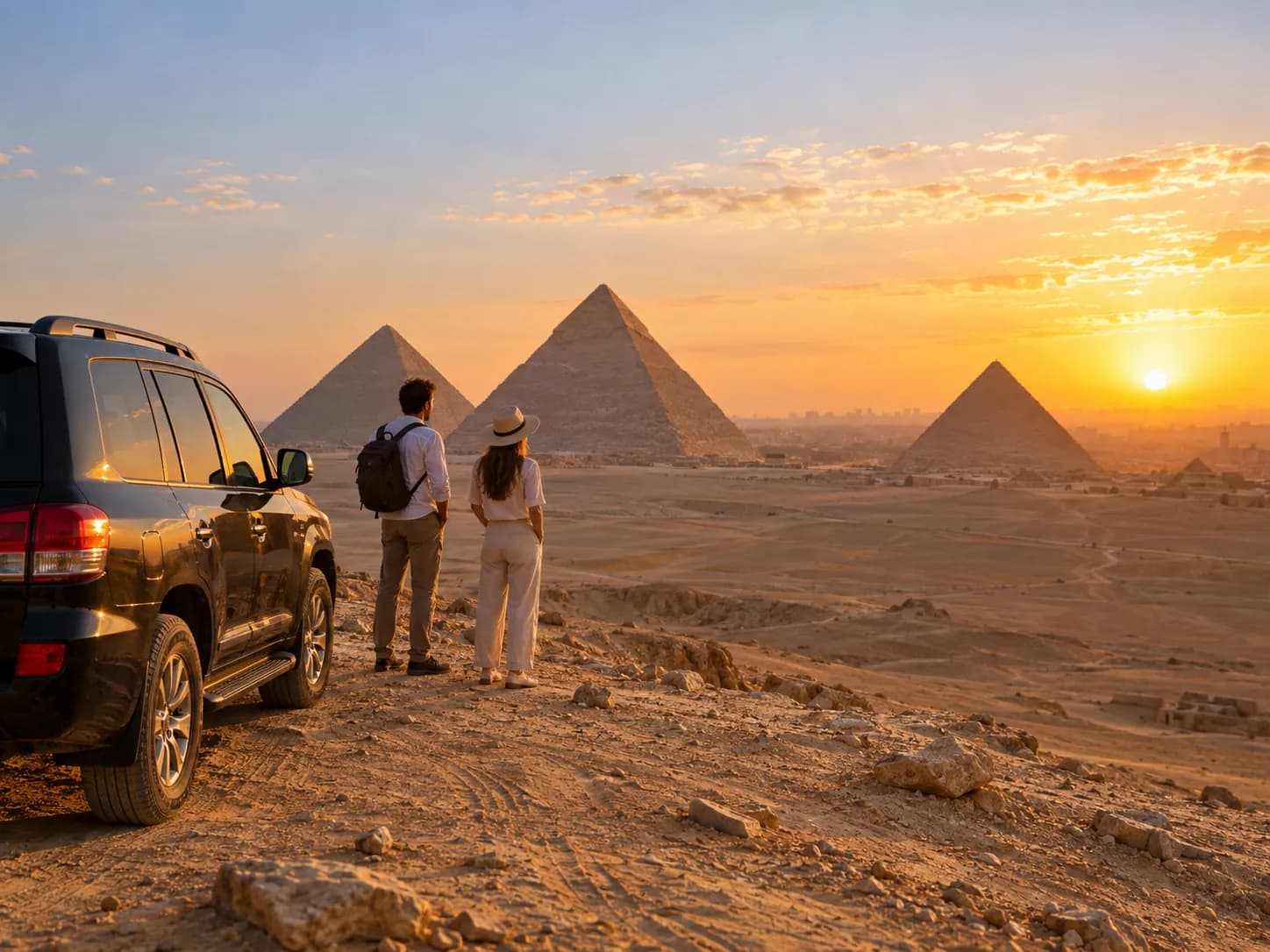 The Giza pyramids at sunrise from the desert side, the 4×4 parked nearby