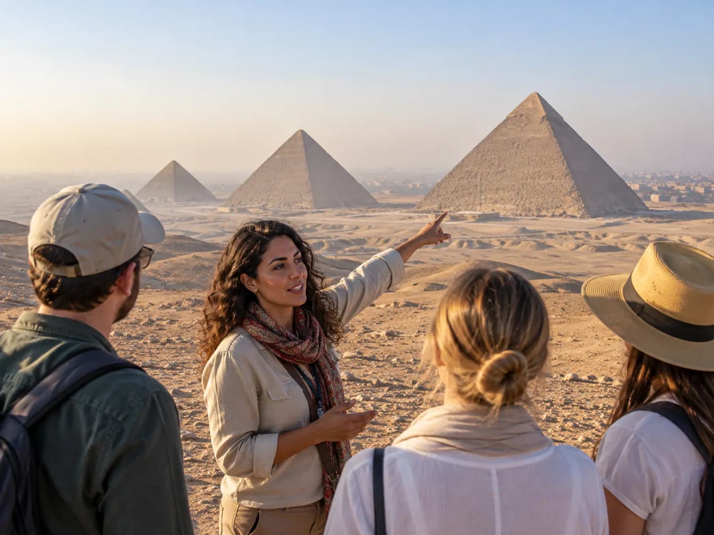 A guide pointing out the pyramids of Giza