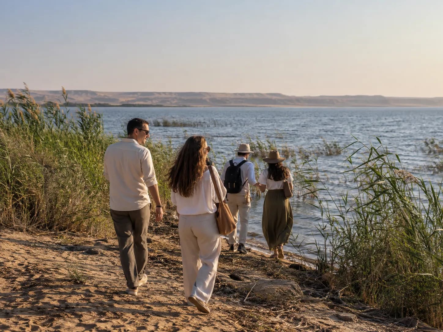 Walking through the reeds at the edge of Lake Qarun