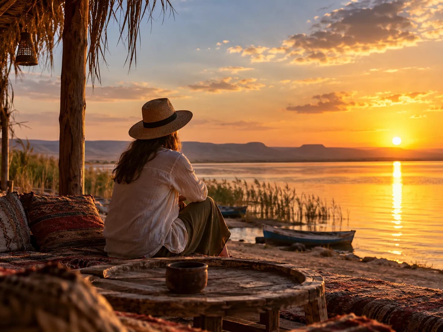 A traveller watching the sunset over Lake Qarun