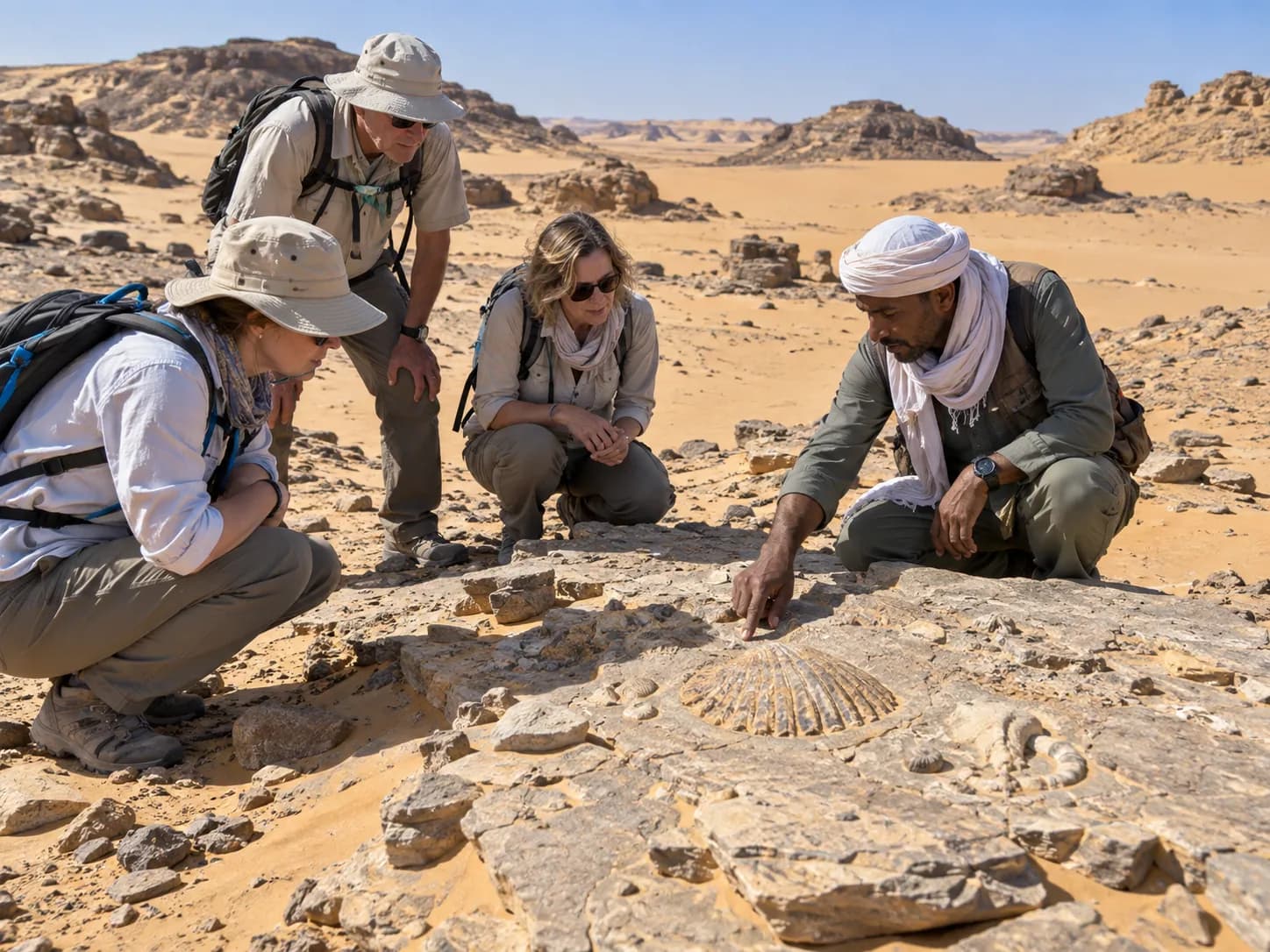 Looking at fossil shells in the desert with the guide