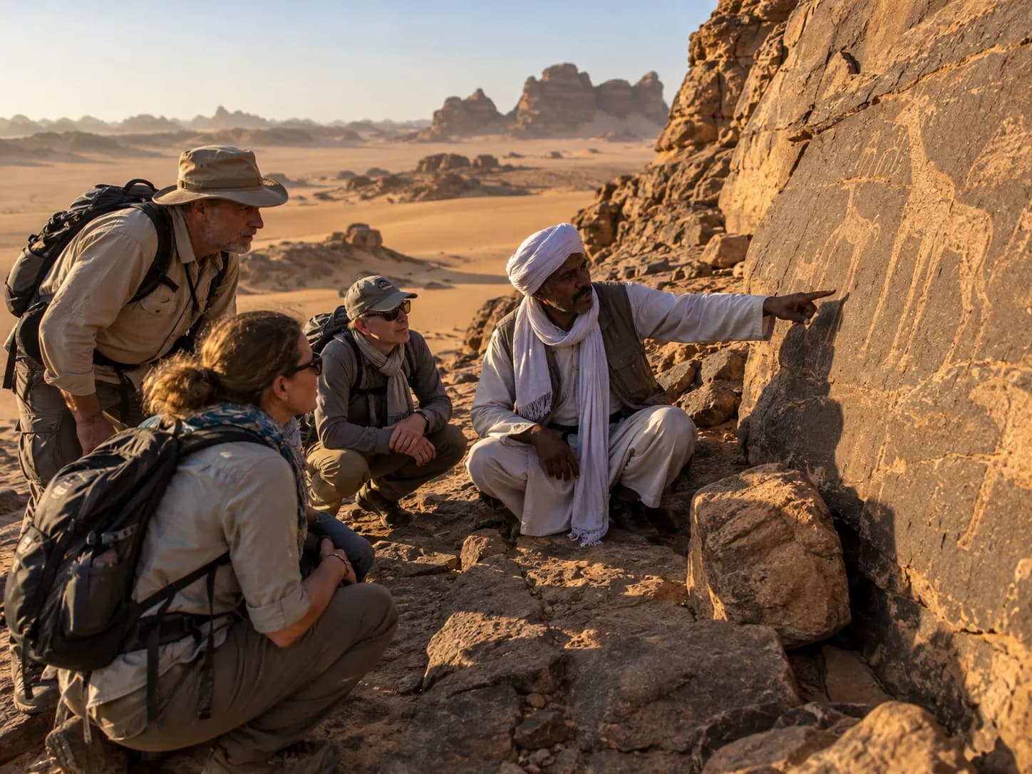 A guide showing prehistoric rock art
