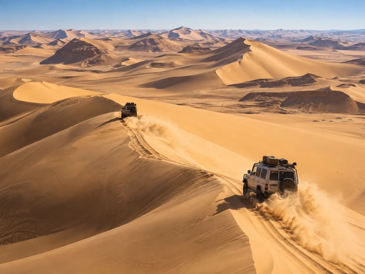 Two 4×4s crossing the dunes of the Great Sand Sea