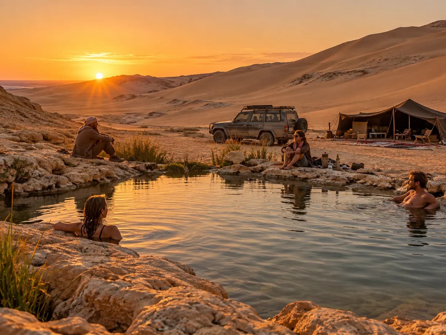 Camp beside a desert spring at sunset