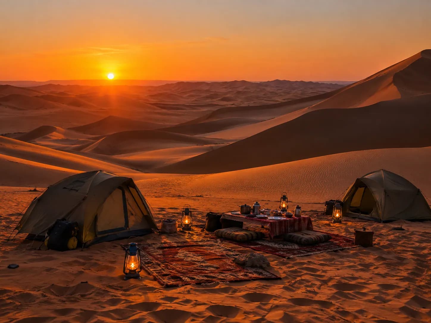 Tents in the dunes at sunset