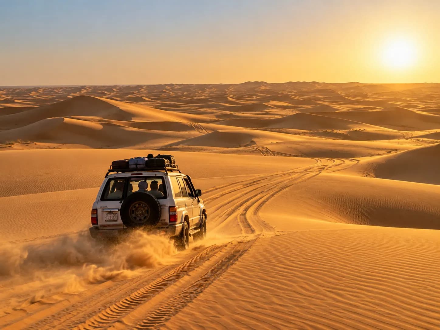 The 4×4 driving back towards Siwa in the late afternoon