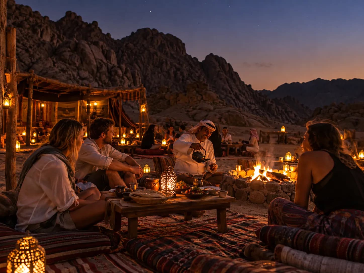 Dinner by the fire at the Bedouin camp
