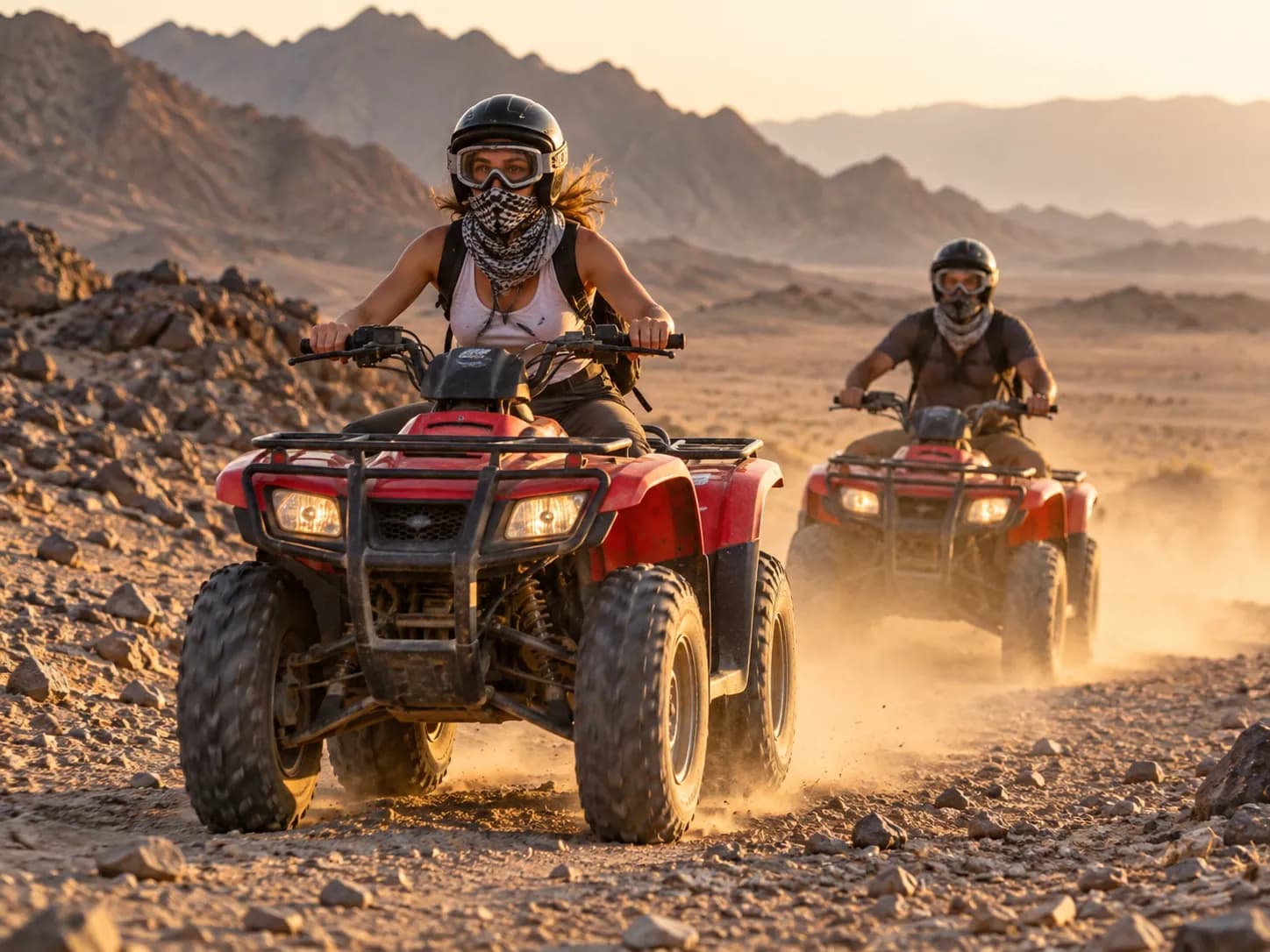 Quads kicking up dust on a desert track