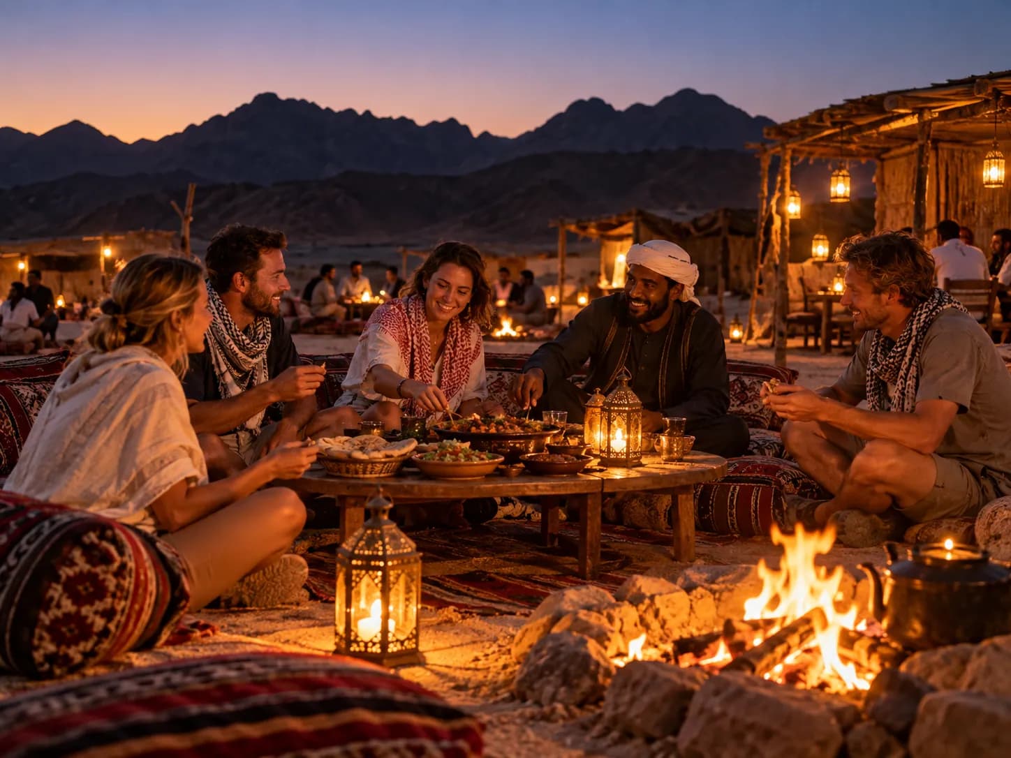 Dinner on cushions around the fire at camp