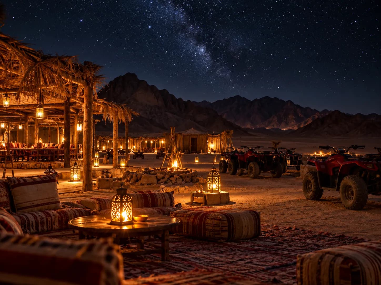 The camp under a starry sky, quads parked nearby