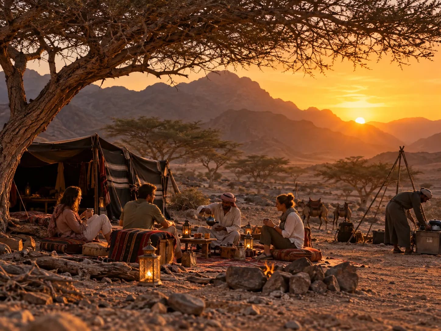 Tea under an acacia tree at the desert camp at sunset