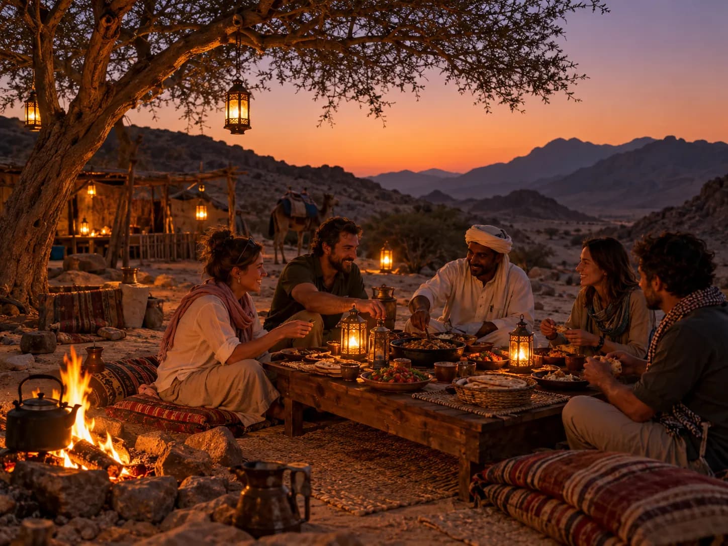 Dinner by the fire at the desert camp