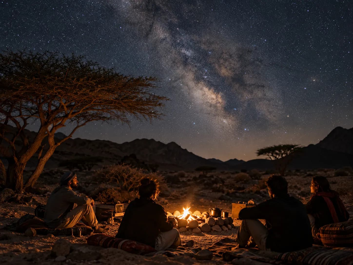 The Milky Way over the desert camp and acacia trees