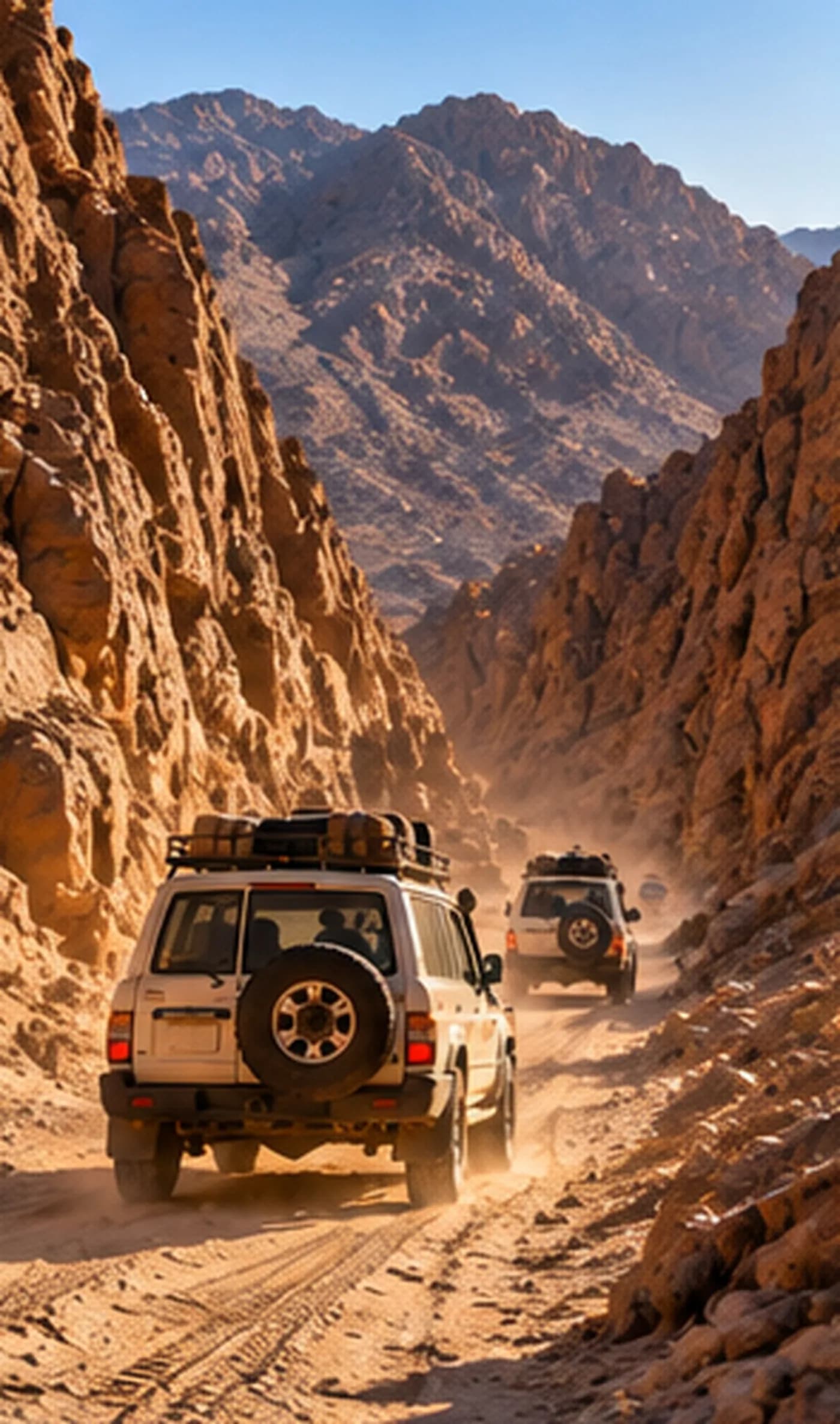 A jeep driving up a narrow wadi above Dahab