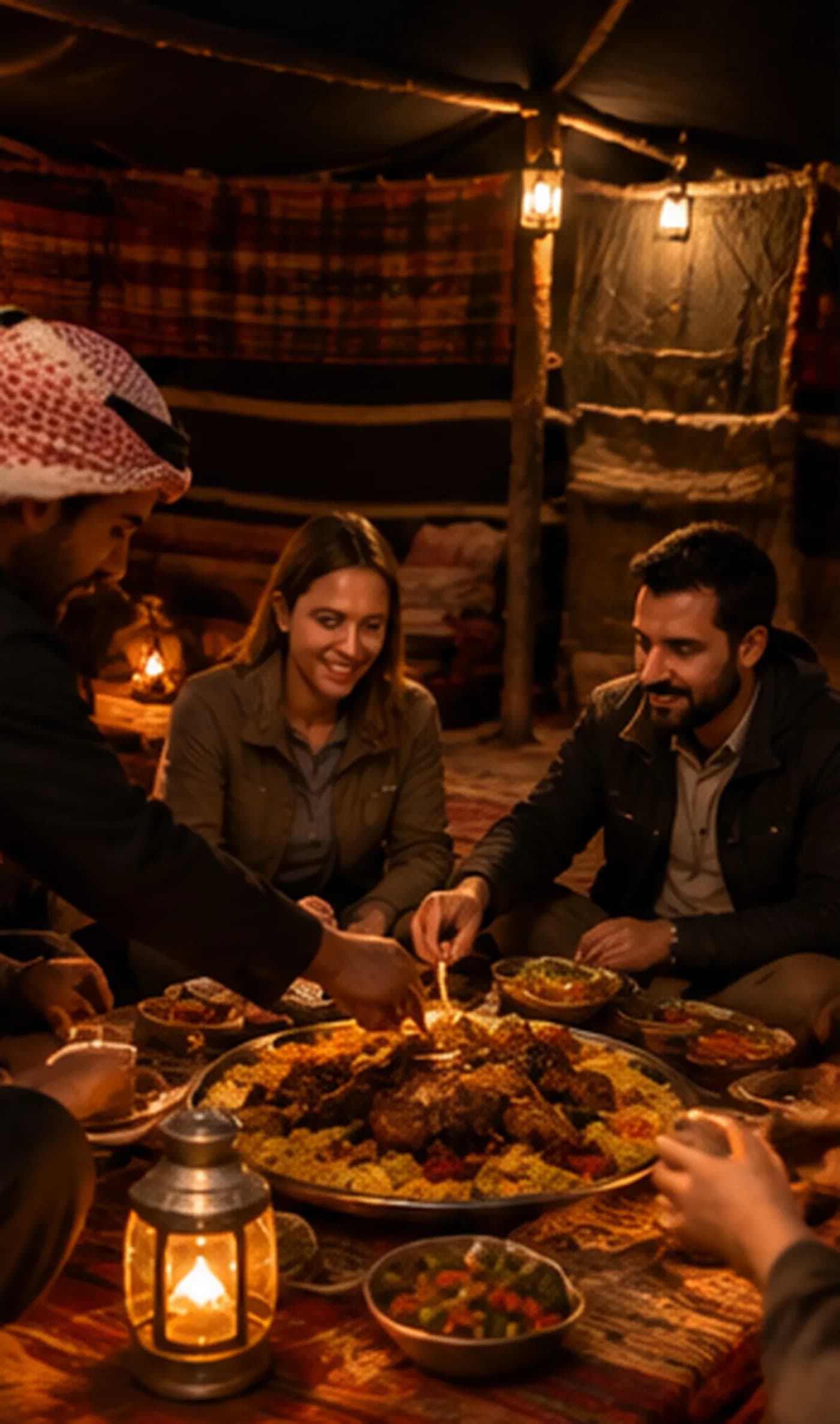 Dinner inside the Bedouin tent by lantern light