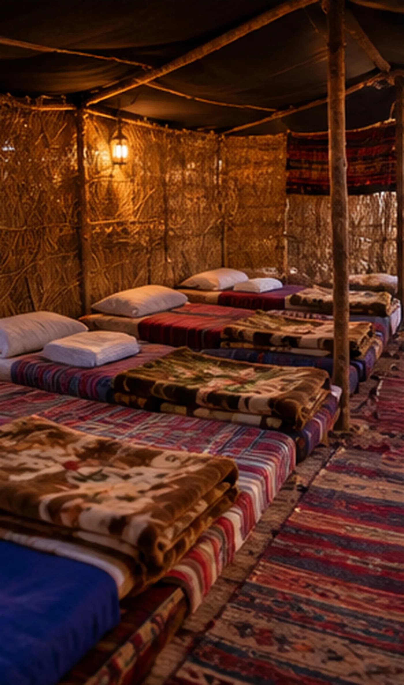 Simple mattresses and blankets inside the Bedouin tent