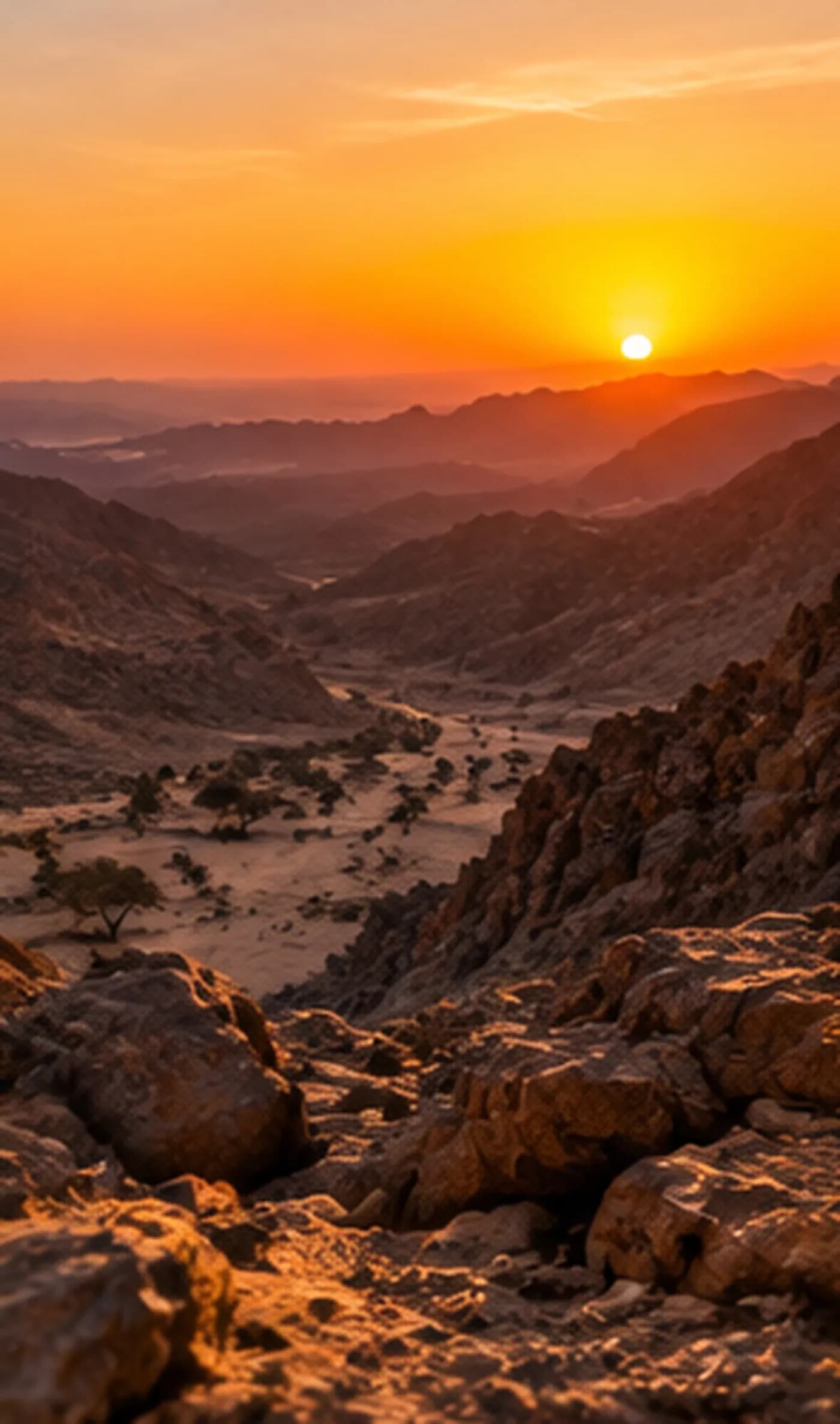 Sunrise over the wadi and the Sinai mountains