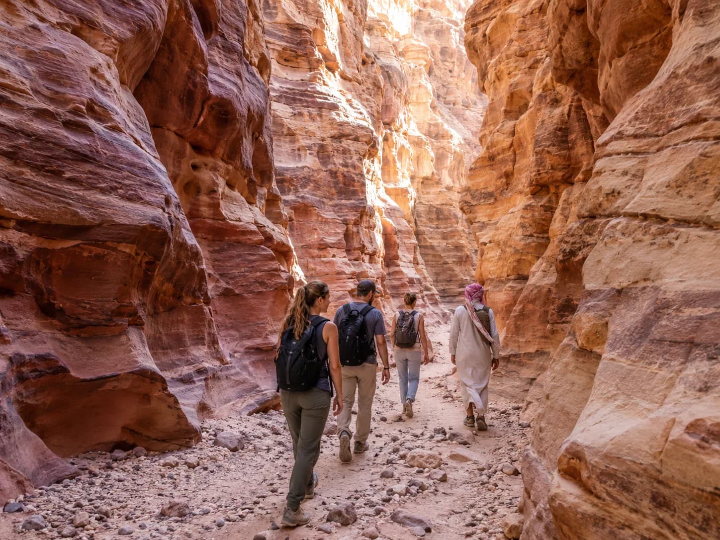 Walking through a narrow stretch of the Coloured Canyon