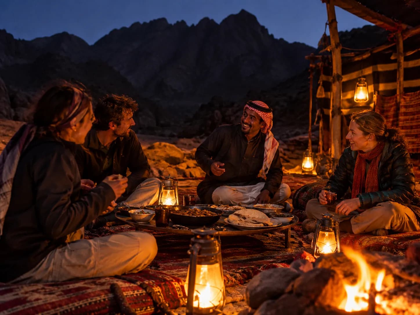 Dinner by the fire at the Bedouin camp