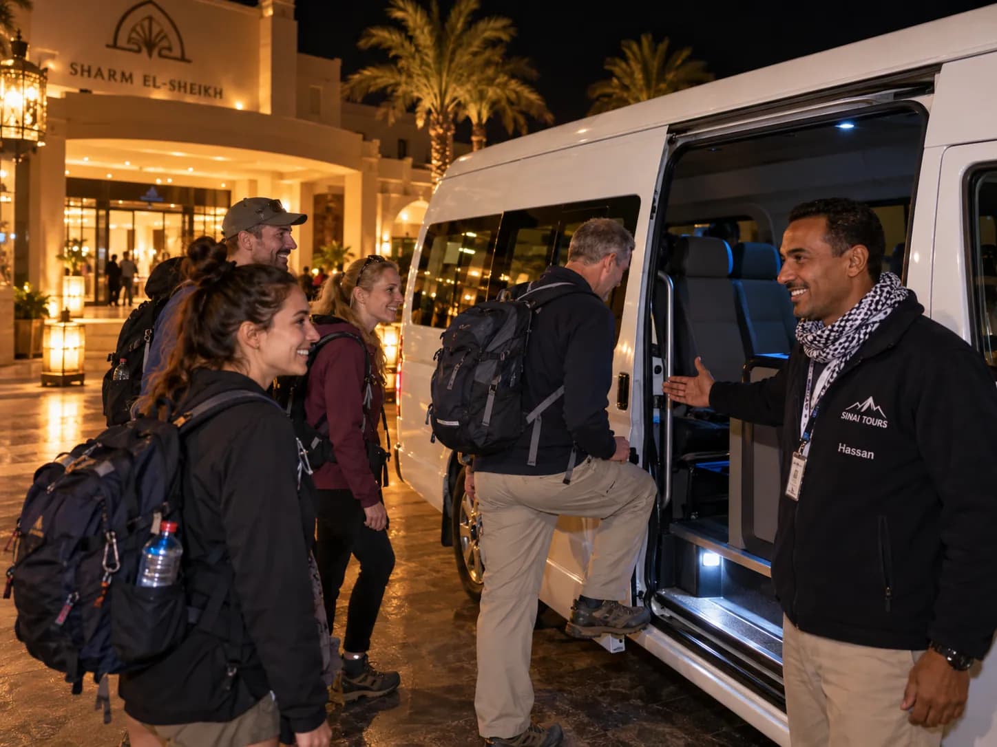 Meeting the minibus at the hotel for the night departure