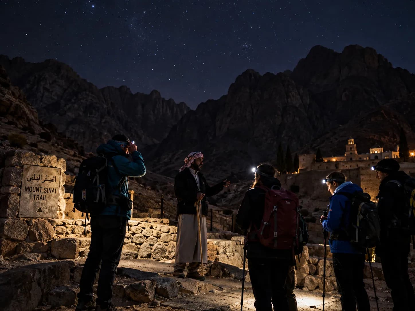 Starting up the Mount Sinai trail by torchlight