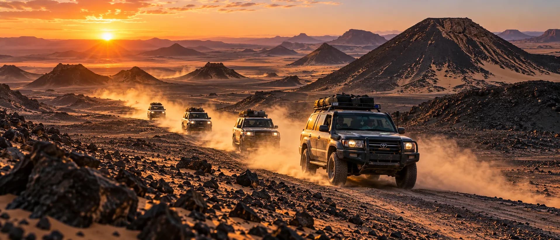 A convoy of 4×4s crossing the Black Desert at sunset, dust trailing behind