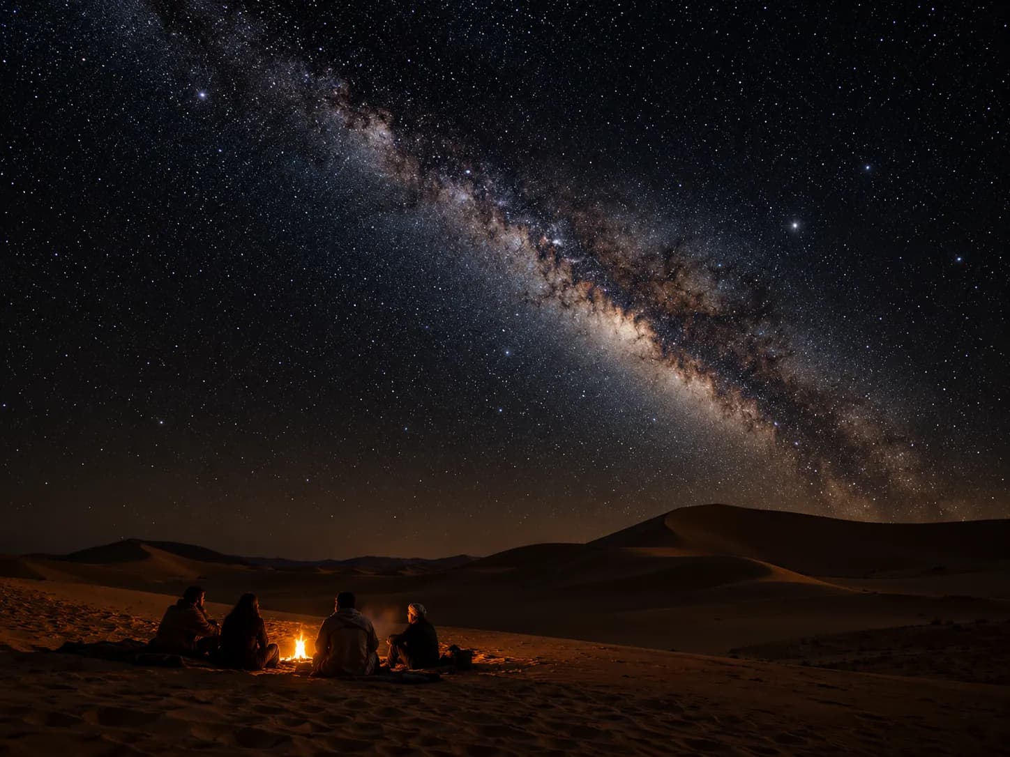 The Milky Way over the Sand Sea, a campfire below