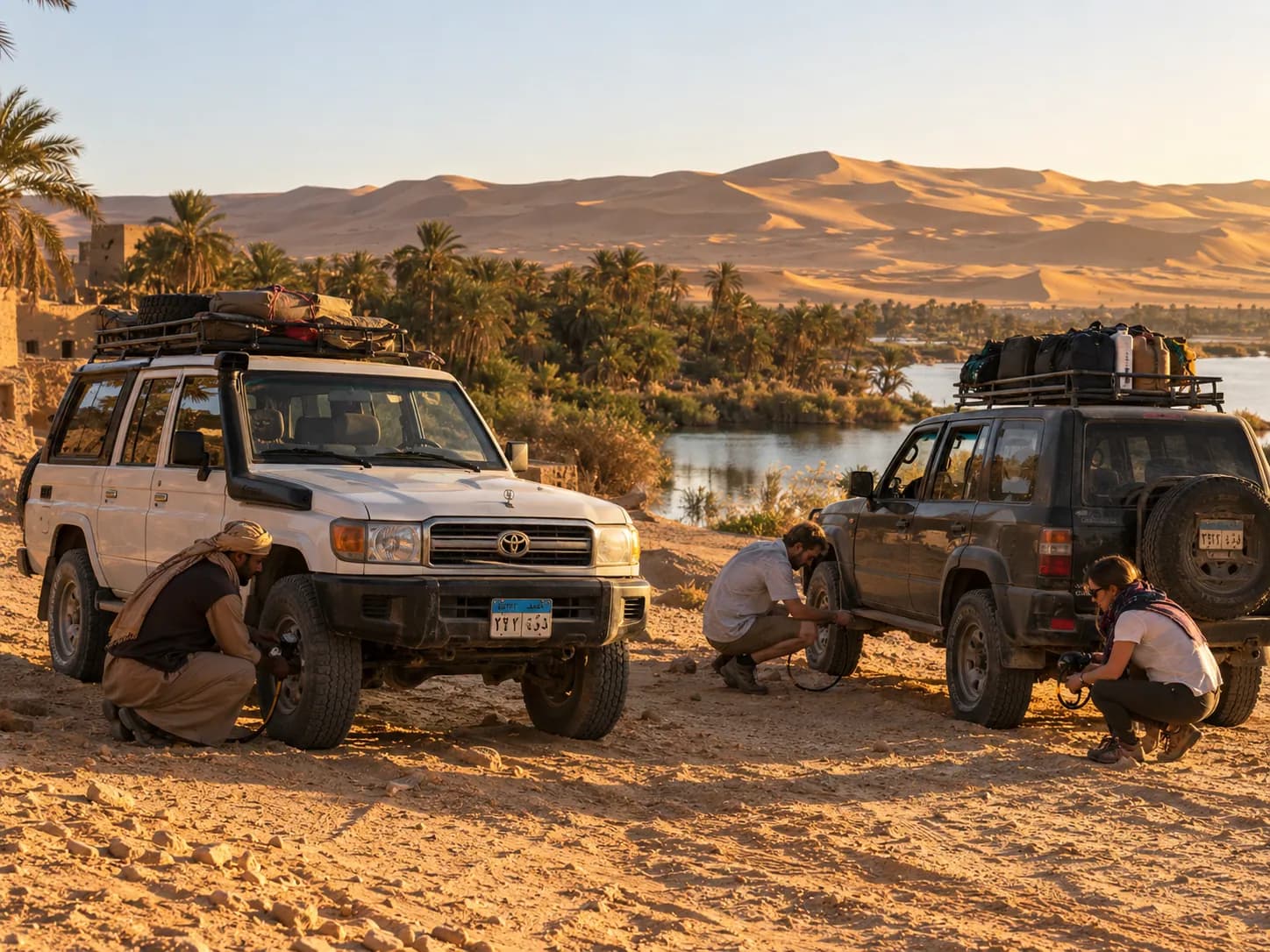 4×4s on the edge of the oasis, dunes behind