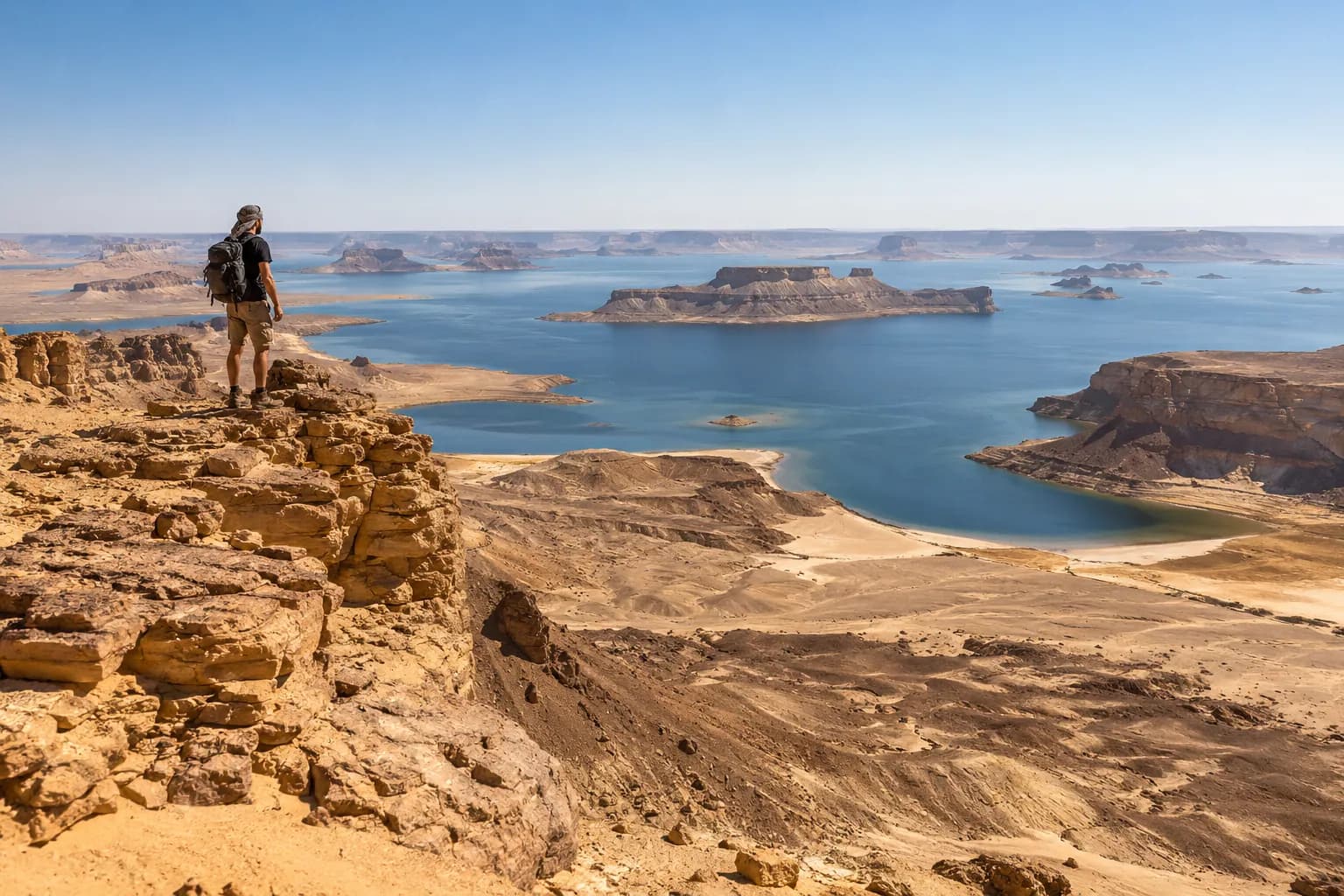 Looking out over the lakes of Wadi El Rayan from a rocky overlook