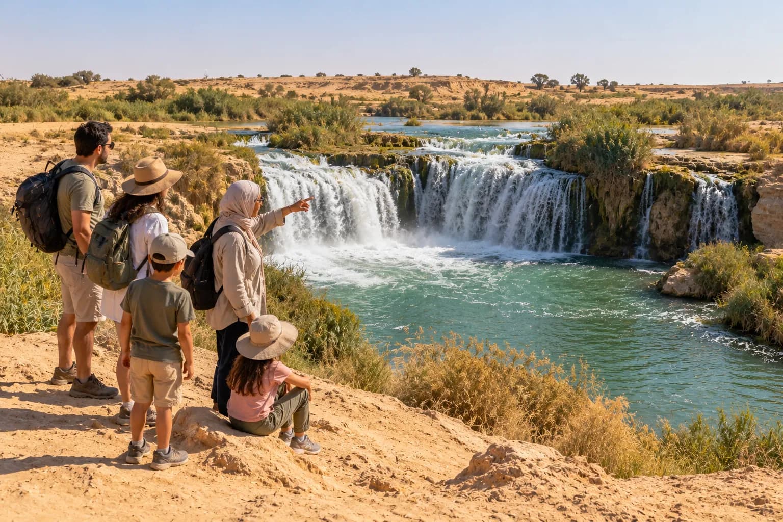A family at the Wadi El Rayan waterfalls